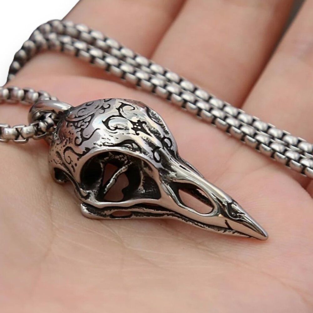 Silver Antique Raven Crow Skull Box Chain Pendant Necklace - NEW